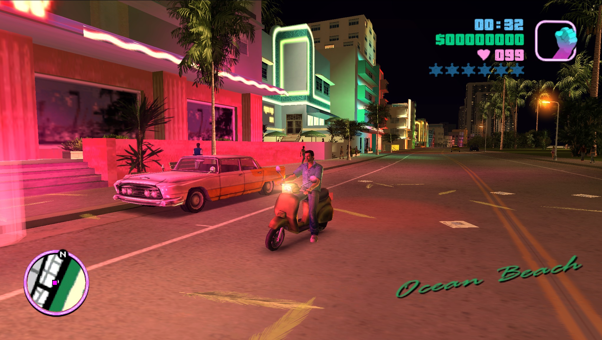 Queng GTA Vice gameplay at night on Ocean Beach