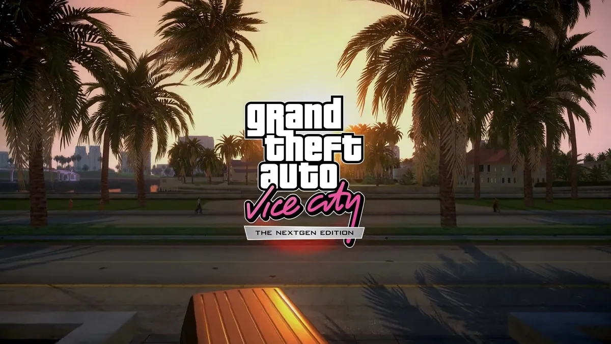 Vice City themed artwork with logo over palm trees